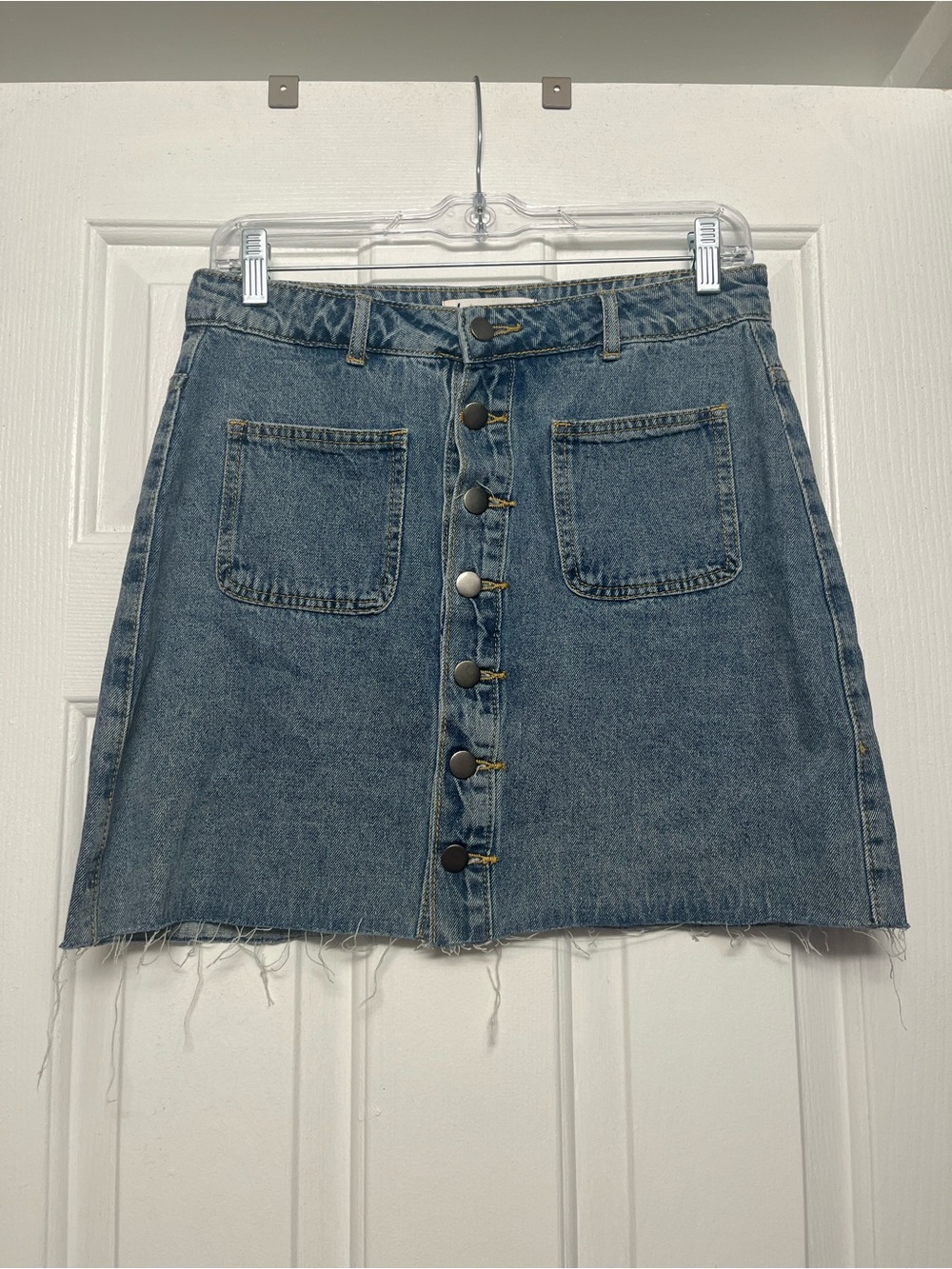 Impressions Medium Blue Button-Front Denim Mini Skirt